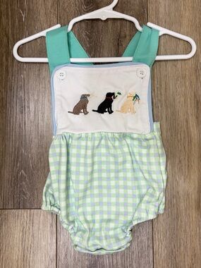 Honey Bean Dog Embroidered Green Gingham Baby Bubble Romper
